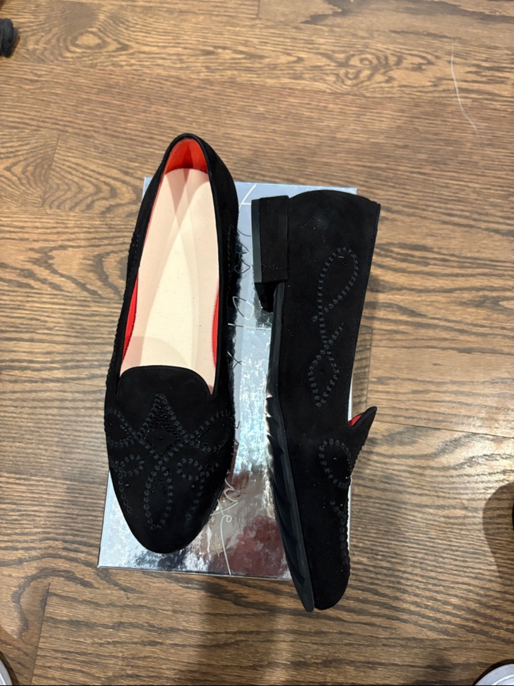 Women's Black Suede Embellished Loafers - Classic Slip-On - Picture 2 of 5